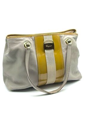 Salvatore Ferragamo Metallic Grey Leather Vara Stripe Tote Bag